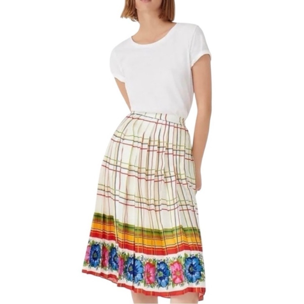 J.Crew Pleated Colorful Plaid Floral Midi Skirt Size 10